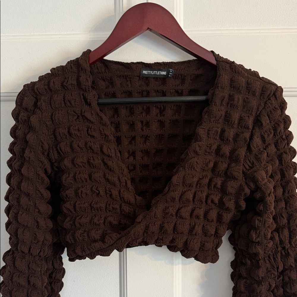 Brown Textured Long Sleeve Crop Top with Scarf/Sarong